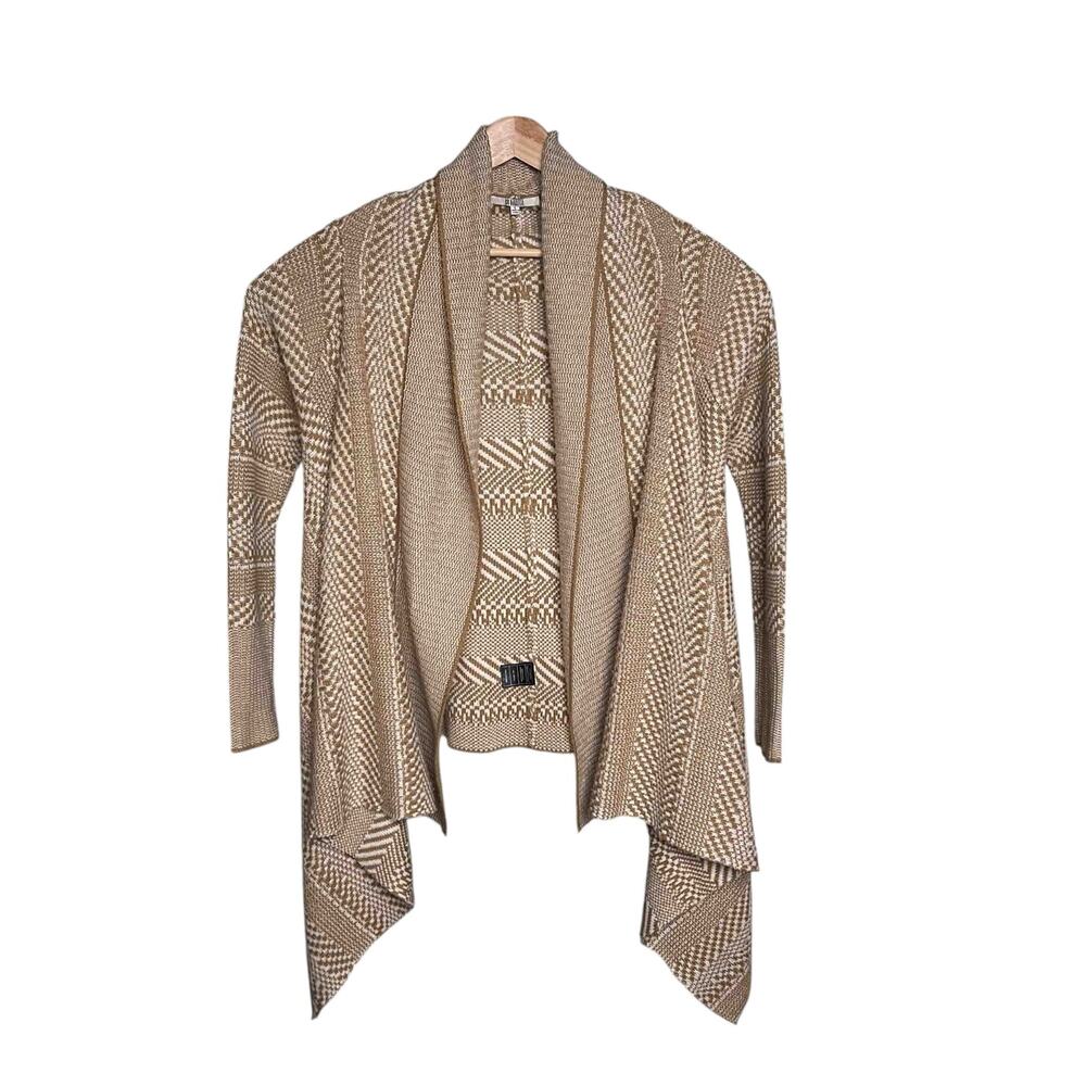 BB Dakota Open Front Waterfall Cardigan Sweater Sz L Tan Ivory Long Sleeves Knit